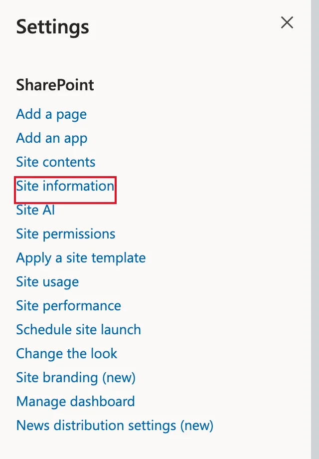The SharePoint Settings panel listing Add a page, Add an app, Site contents, Site information, Site permissions and other options, with Site information outlined in red