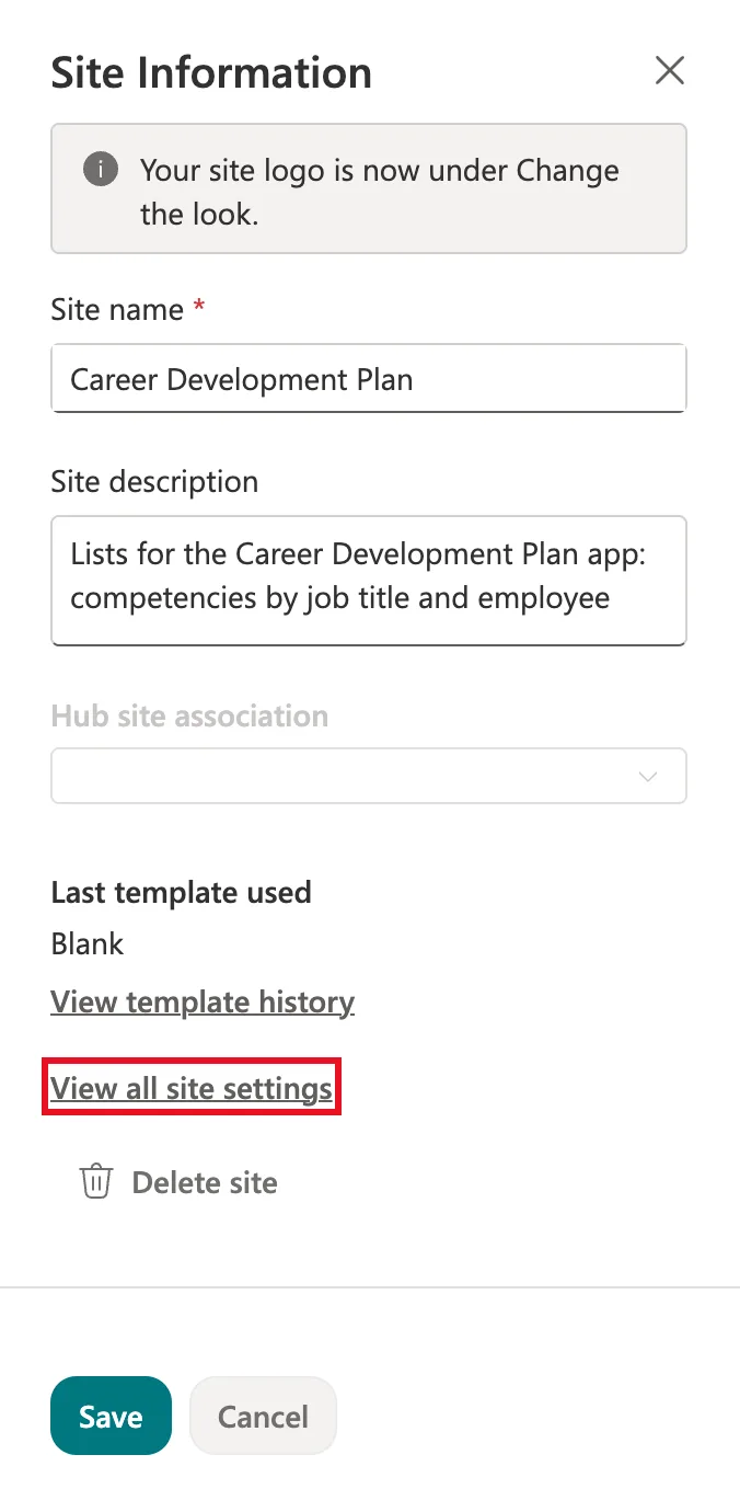 The Site Information panel showing the site name, the description, Last template used Blank, and the View all site settings link outlined in red above Delete site