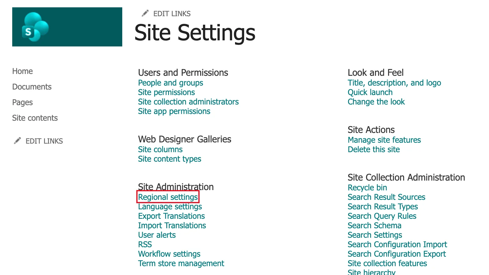The classic Site Settings page with its Users and Permissions, Web Designer Galleries and Site Administration sections, and Regional settings outlined in red under Site Administration