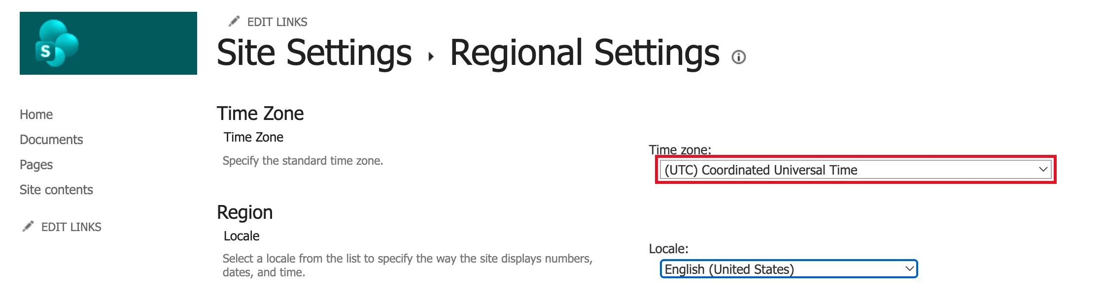 The Regional Settings page with Time zone set to (UTC) Coordinated Universal Time and outlined in red, and Locale English (United States) below it