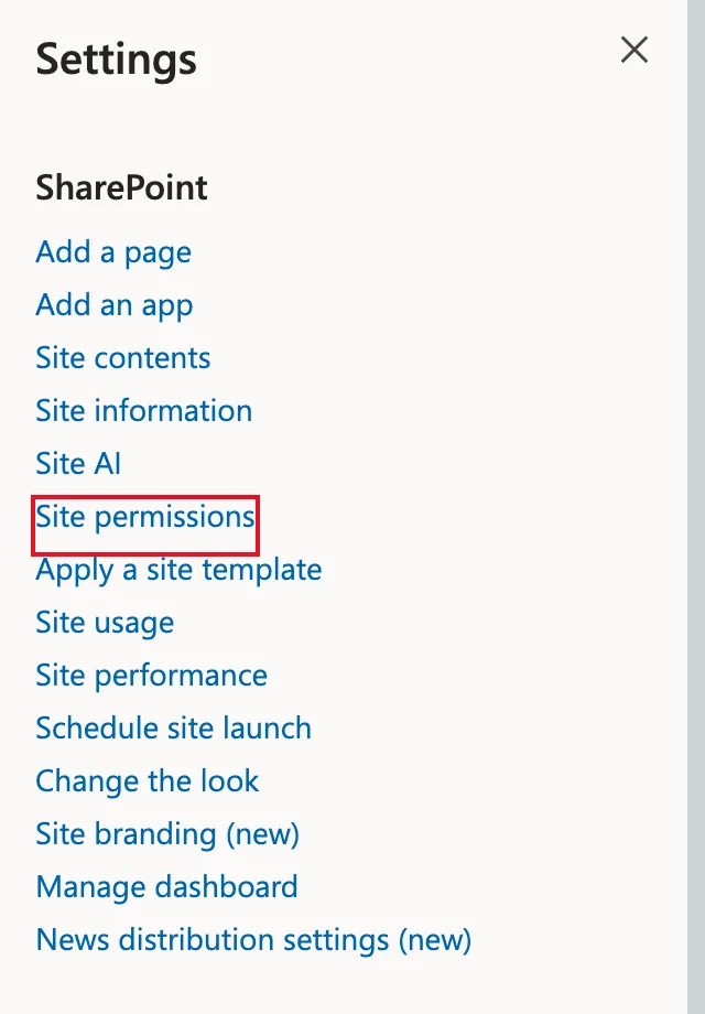 The SharePoint Settings panel with Site permissions outlined in red, below Site information and Site AI