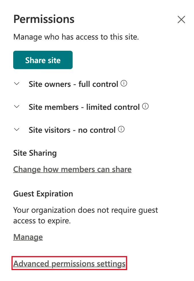 The Permissions panel with the Share site button, the Site owners, Site members and Site visitors groups, Site Sharing and Guest Expiration, and Advanced permissions settings outlined in red