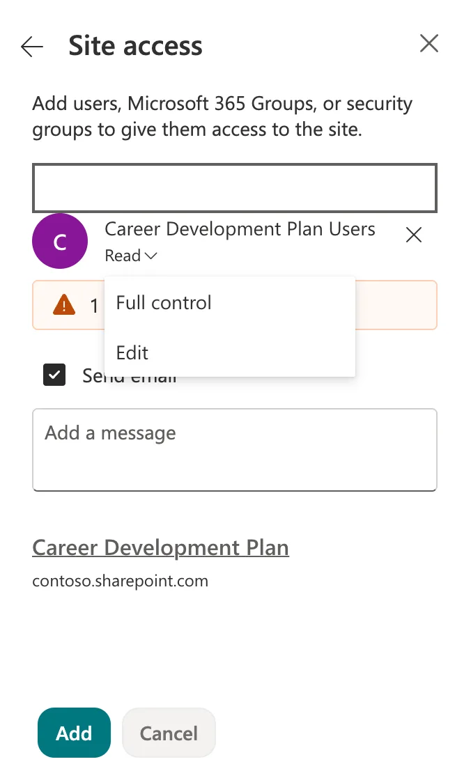 The Site access panel with Career Development Plan Users selected and its permission list open, offering Full control and Edit, above a Send email checkbox and the Add button