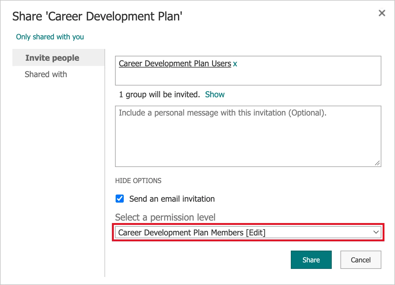 The Share Career Development Plan dialog with Career Development Plan Users added, the email invitation ticked, and Select a permission level outlined in red showing the default Career Development Plan Members [Edit]