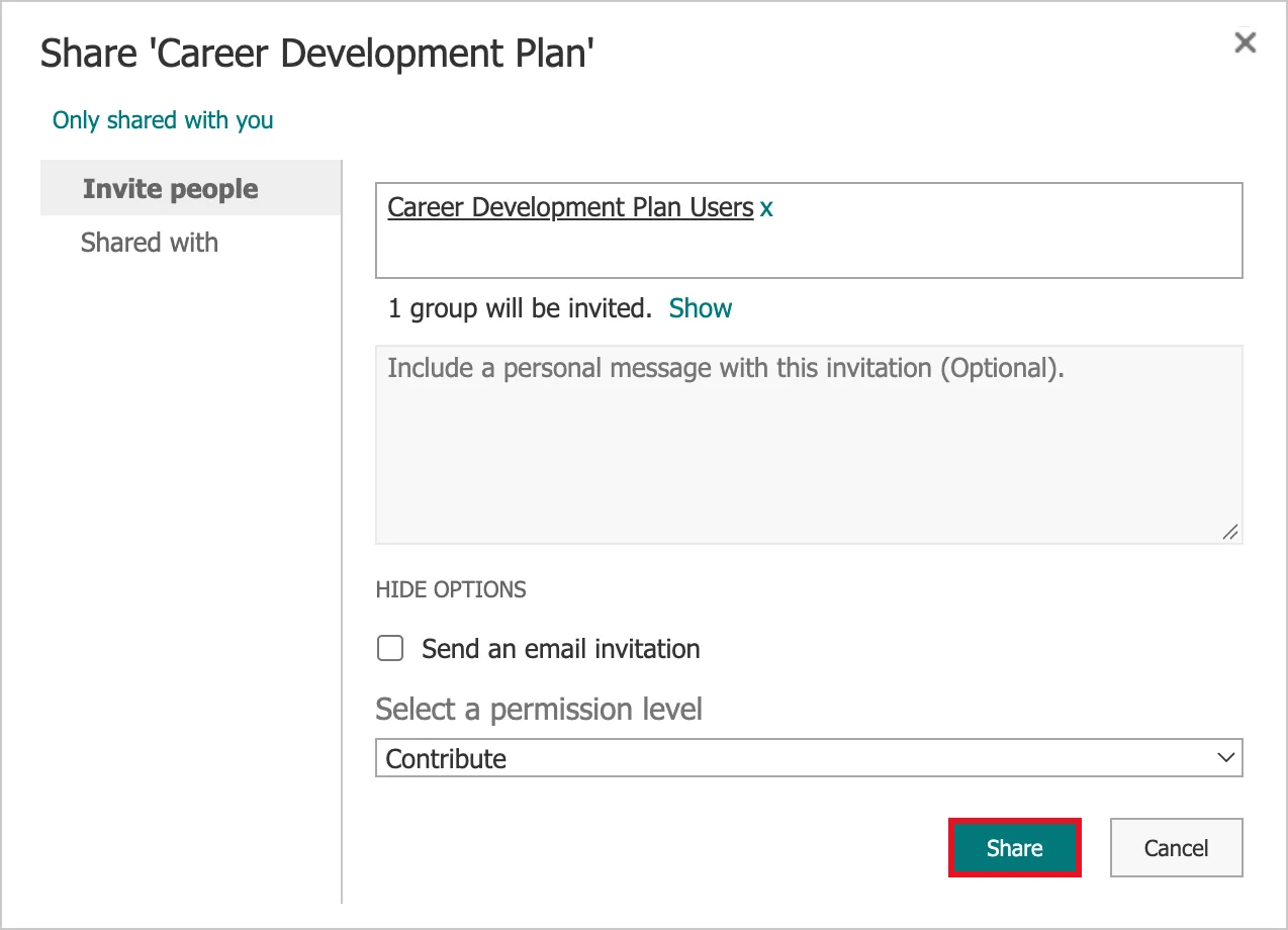 The Share dialog with Career Development Plan Users added, Send an email invitation cleared, Contribute selected as the permission level, and the Share button outlined in red
