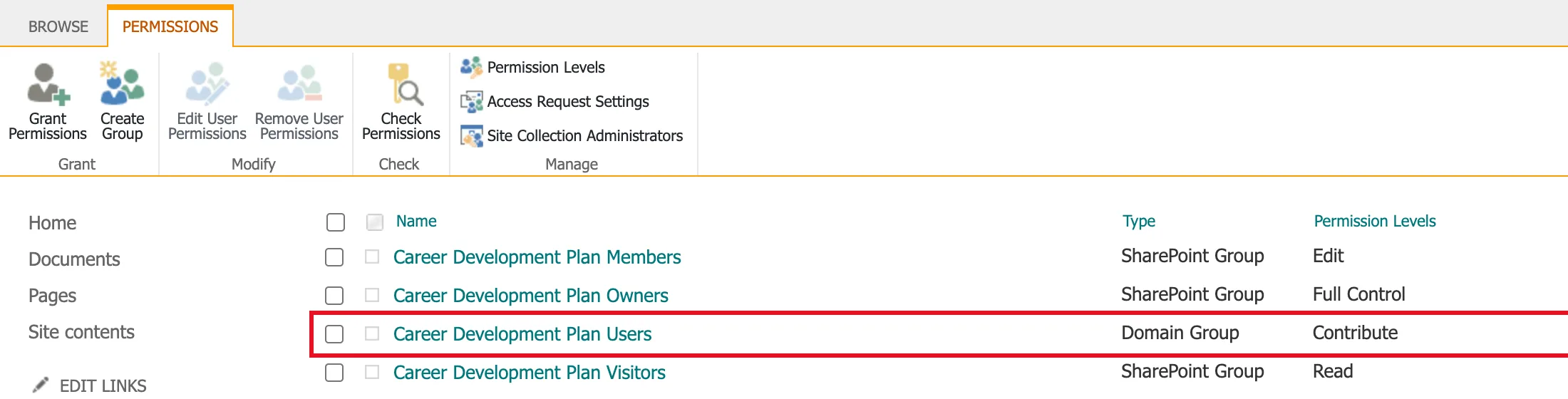 The Permissions page listing Career Development Plan Users as a Domain Group with Contribute, outlined in red, between the Owners group with Full Control and the Visitors group with Read