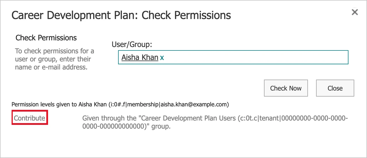 The Check Permissions dialog for Aisha Khan showing the permission level Contribute, outlined in red, given through the Career Development Plan Users group