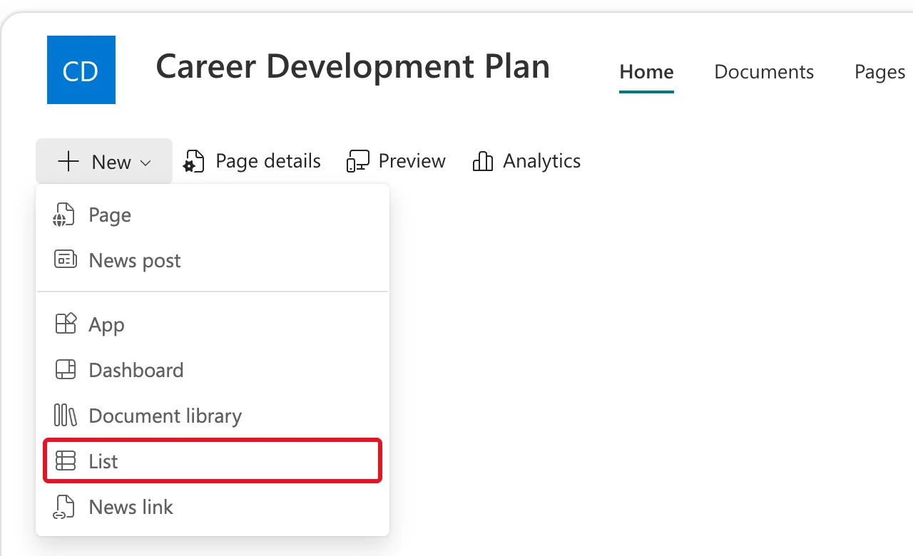 The New menu on a SharePoint site's home page listing Page, News post, App, Dashboard, Document library, List and News link, with List outlined in red
