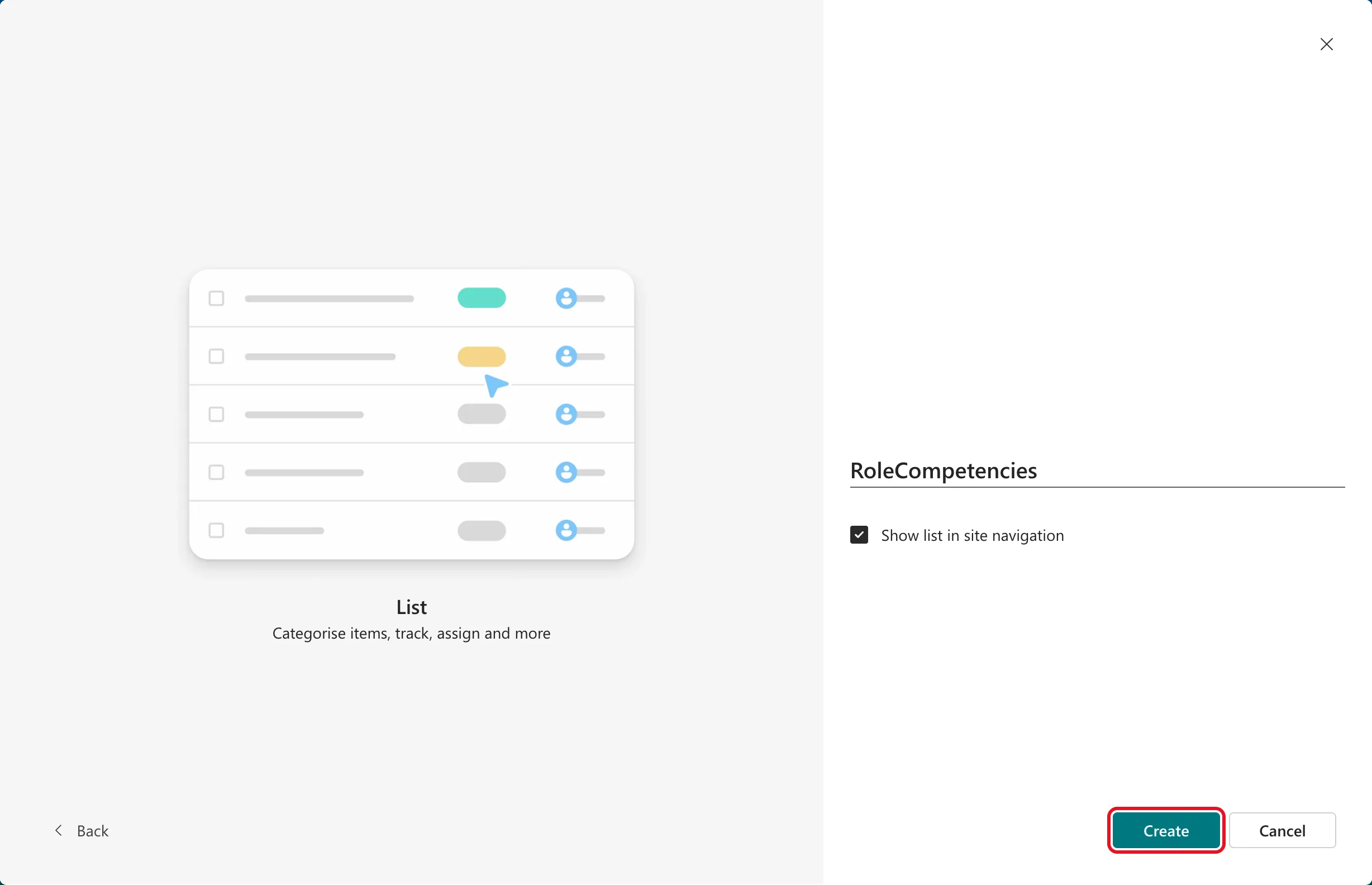 The list naming step with RoleCompetencies typed as the name, Show list in site navigation ticked and the Create button outlined in red