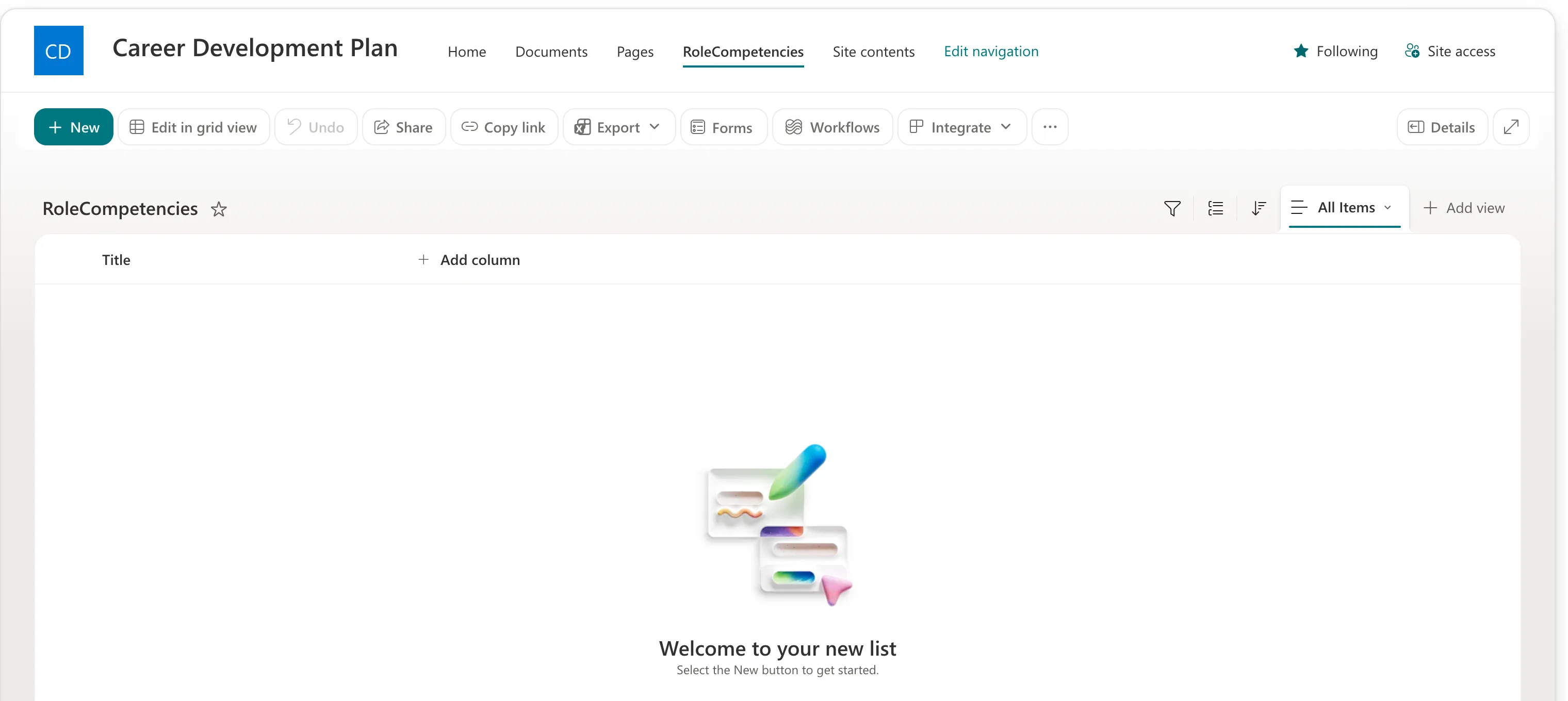 The new, empty RoleCompetencies list with a Title column, the Add column button and a Welcome to your new list message
