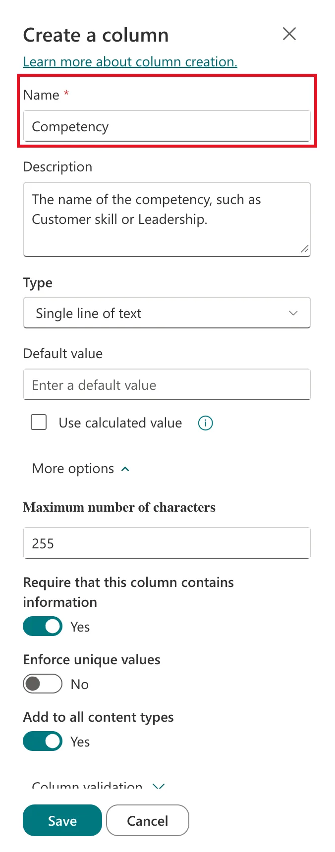 The Create a column panel for Competency with the Name field outlined in red, the description filled in, type Single line of text, and Require that this column contains information switched to Yes
