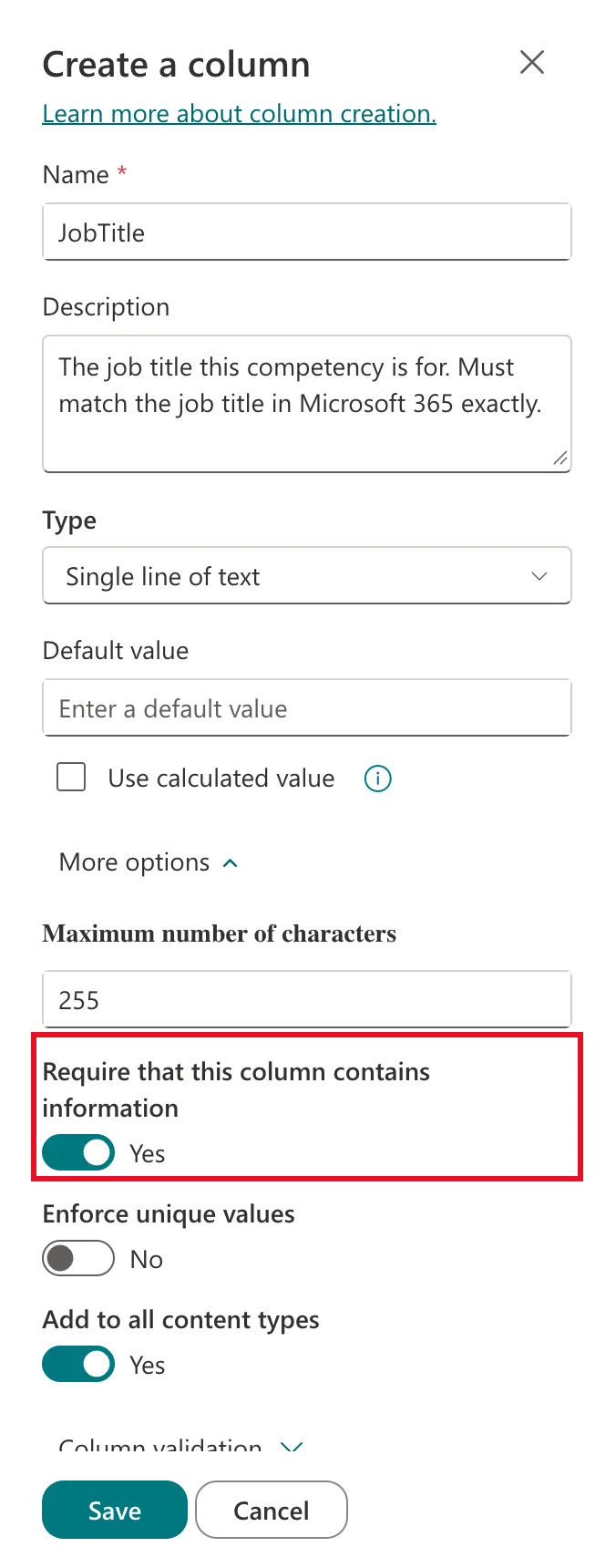 The Create a column panel for JobTitle with the description filled in, type Single line of text, More options expanded, maximum 255 characters, and Require that this column contains information switched to Yes and outlined in red