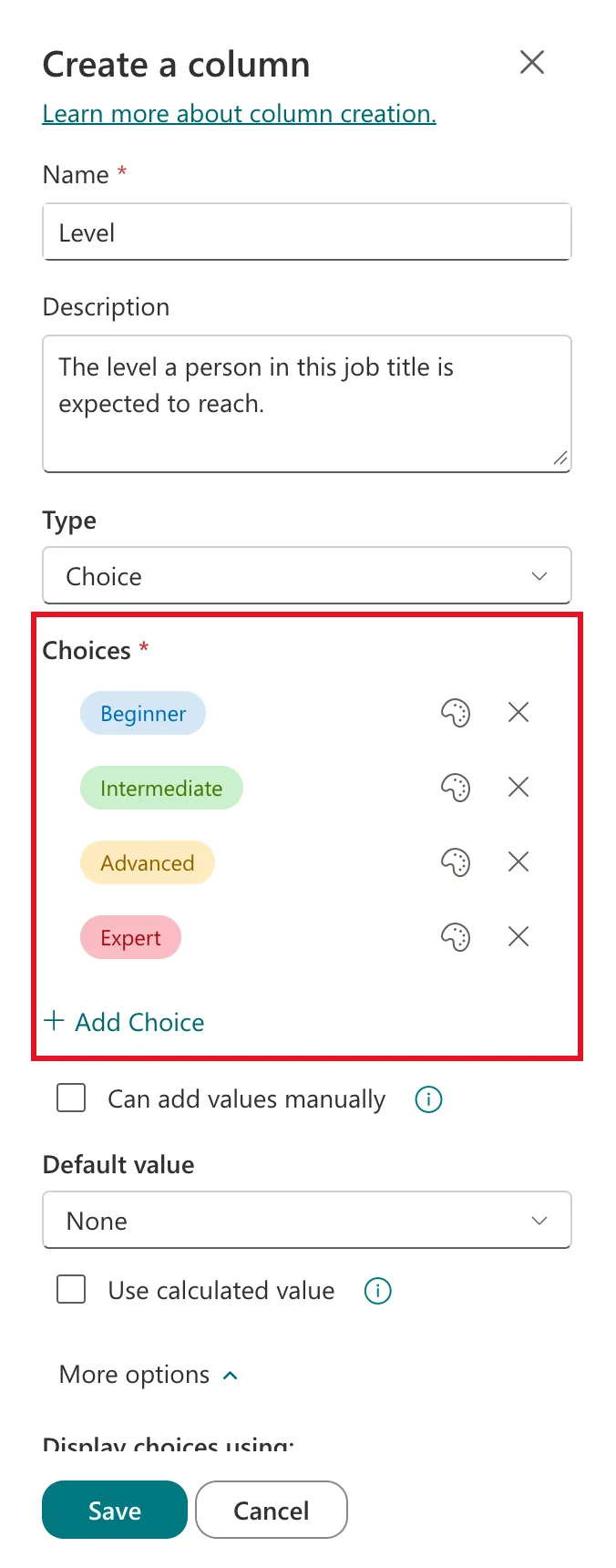 The Create a column panel for Level with type Choice and the Choices section outlined in red, showing Beginner, Intermediate, Advanced and Expert as coloured pills, Can add values manually cleared and Default value None