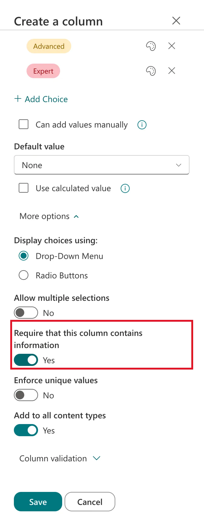 The Level column panel scrolled to More options, with Display choices using Drop-Down Menu, Allow multiple selections No, and Require that this column contains information switched to Yes and outlined in red