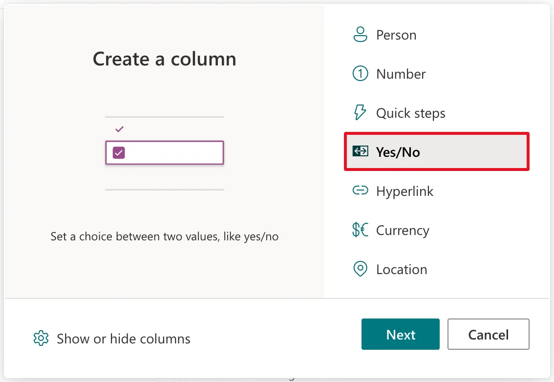 The Create a column window scrolled to Yes/No, outlined in red, between Quick steps and Hyperlink, described as Set a choice between two values, like yes/no