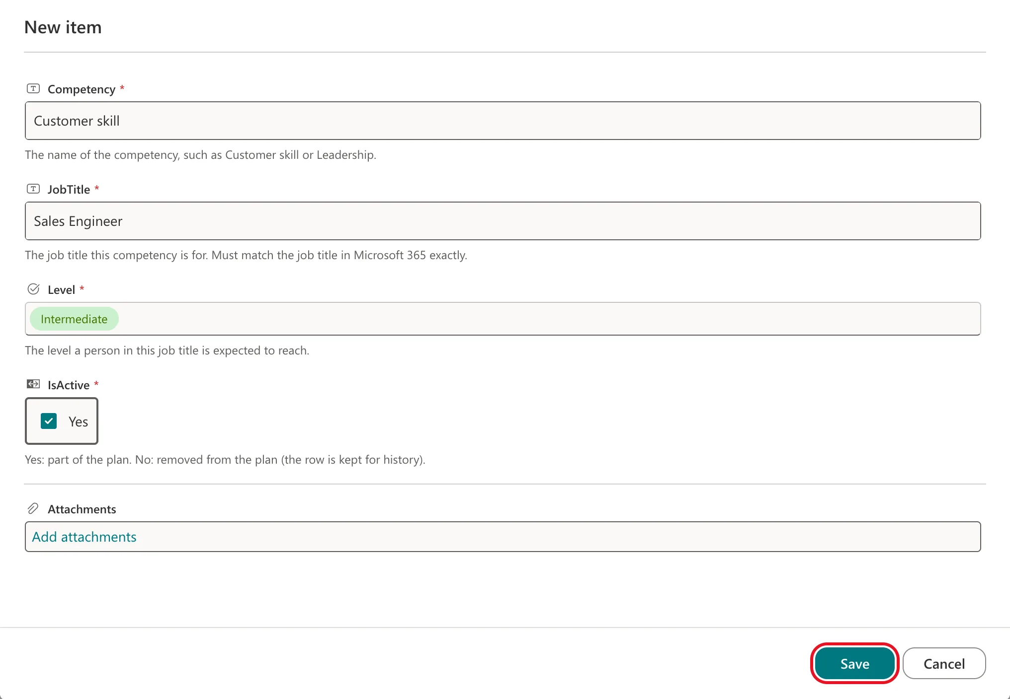 The New item form for RoleCompetencies with Competency Customer skill, JobTitle Sales Engineer, Level Intermediate, IsActive Yes, each with its description underneath, and the Save button outlined in red