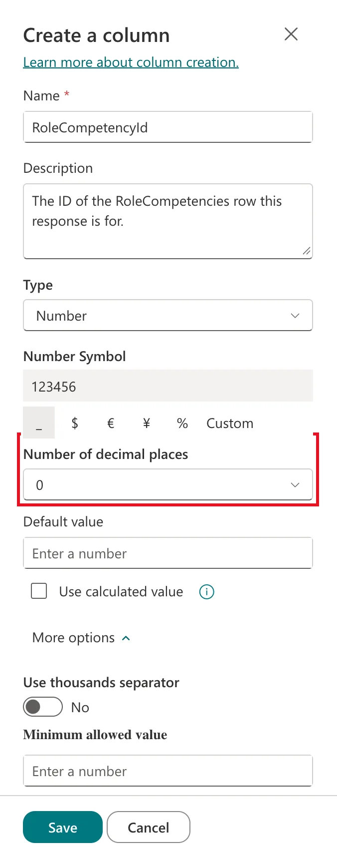 The Create a column panel for RoleCompetencyId with type Number, Number of decimal places set to 0 and outlined in red, and Use thousands separator switched to No