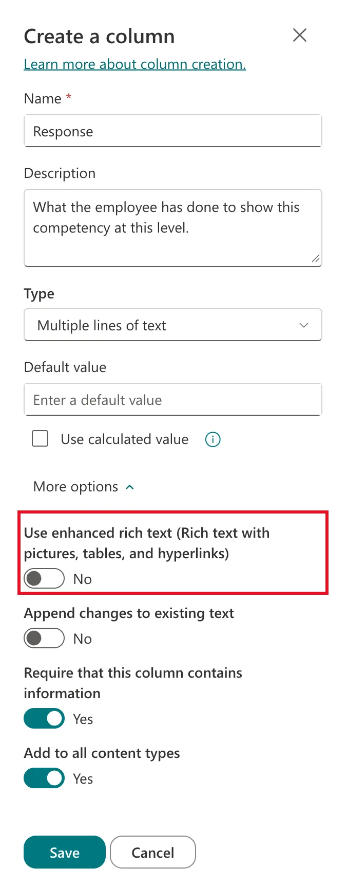 The Create a column panel for Response with type Multiple lines of text, Use enhanced rich text (Rich text with pictures, tables, and hyperlinks) set to No and outlined in red, Append changes to existing text No, and Require switched to Yes