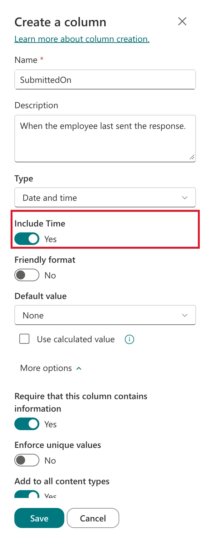 The Create a column panel for SubmittedOn with type Date and time, Include Time switched to Yes and outlined in red, Friendly format No and Default value None