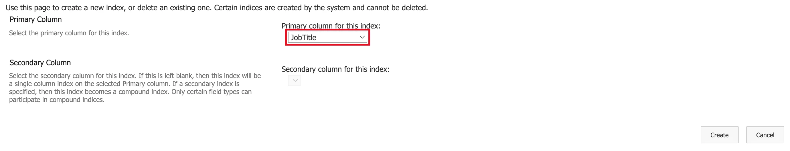 The Edit index page with Primary column for this index set to JobTitle and outlined in red, and the Secondary column for this index greyed out