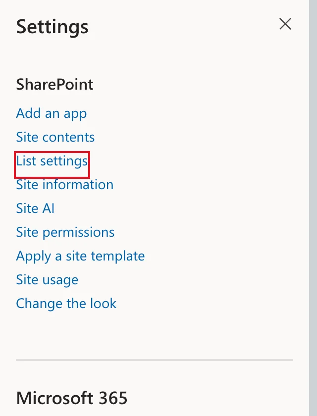 The SharePoint Settings panel opened from a list, with List settings outlined in red between Site contents and Site information