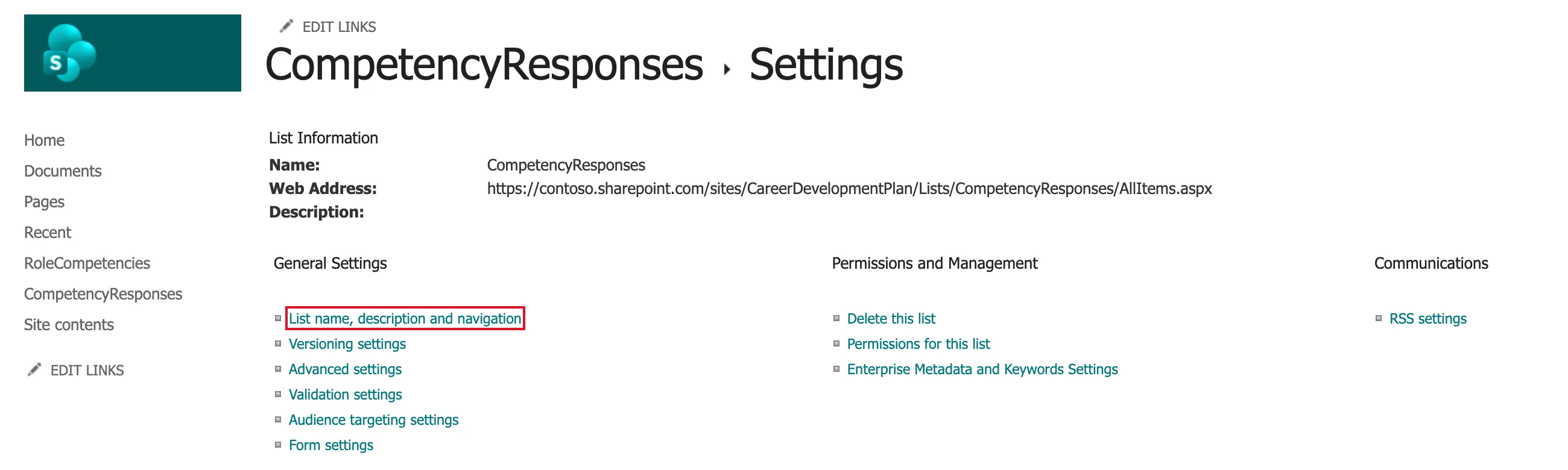 The CompetencyResponses Settings page showing List Information with an empty Description, General Settings links, Permissions and Management links, and List name, description and navigation outlined in red