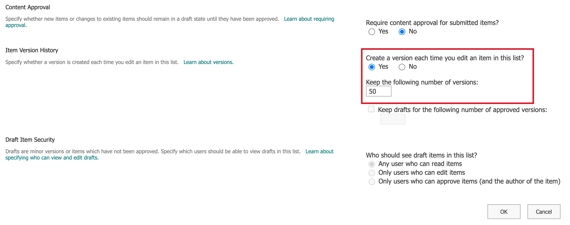 The Versioning Settings page with content approval set to No, and Create a version each time you edit an item in this list set to Yes with 50 versions kept, outlined in red