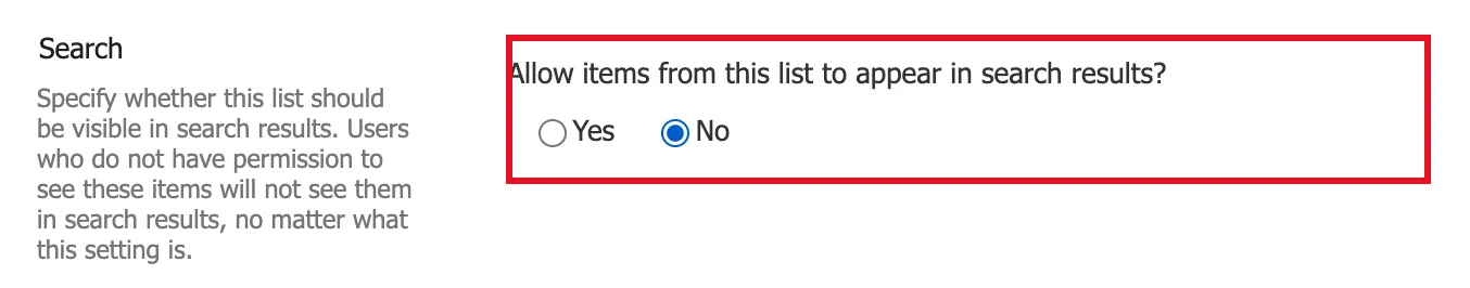 The Search section of Advanced settings with Allow items from this list to appear in search results set to No and outlined in red, and the description explaining that people without permission never see items in search