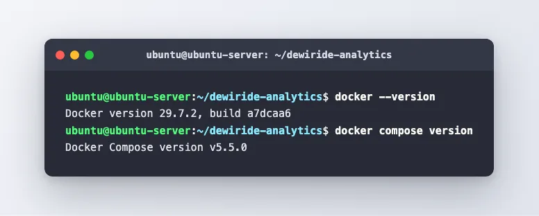 Docker and Docker Compose reporting their versions on Ubuntu Server, confirming both are installed and usable without sudo