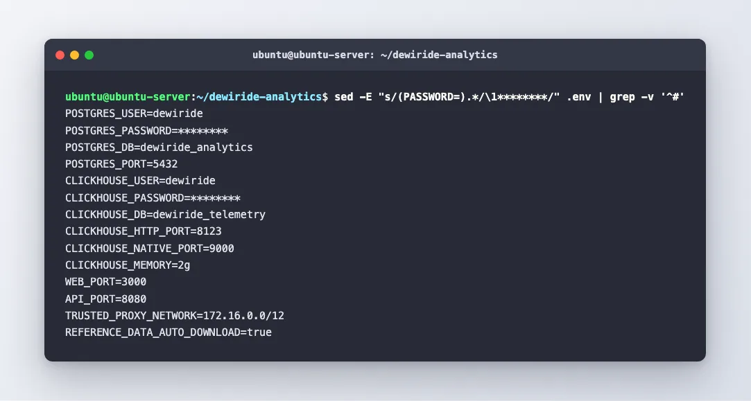 The .env file with both passwords replaced by asterisks, showing the database names, ports, ClickHouse memory limit and reference-data setting