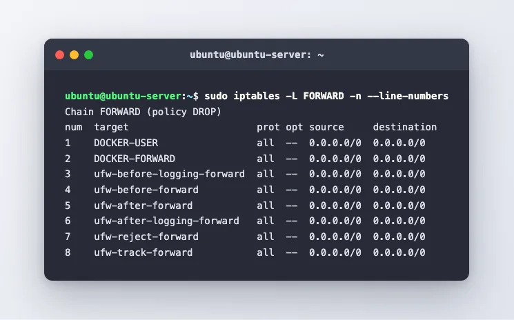 The iptables FORWARD chain listing DOCKER-USER and DOCKER-FORWARD at positions 1 and 2, ahead of every ufw chain