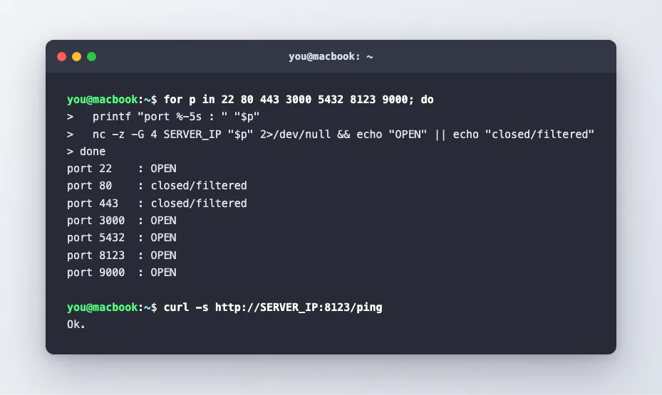 A port scan from a laptop on the public internet showing ports 3000, 5432, 8123 and 9000 all OPEN while the firewall allowed only 22, 80 and 443
