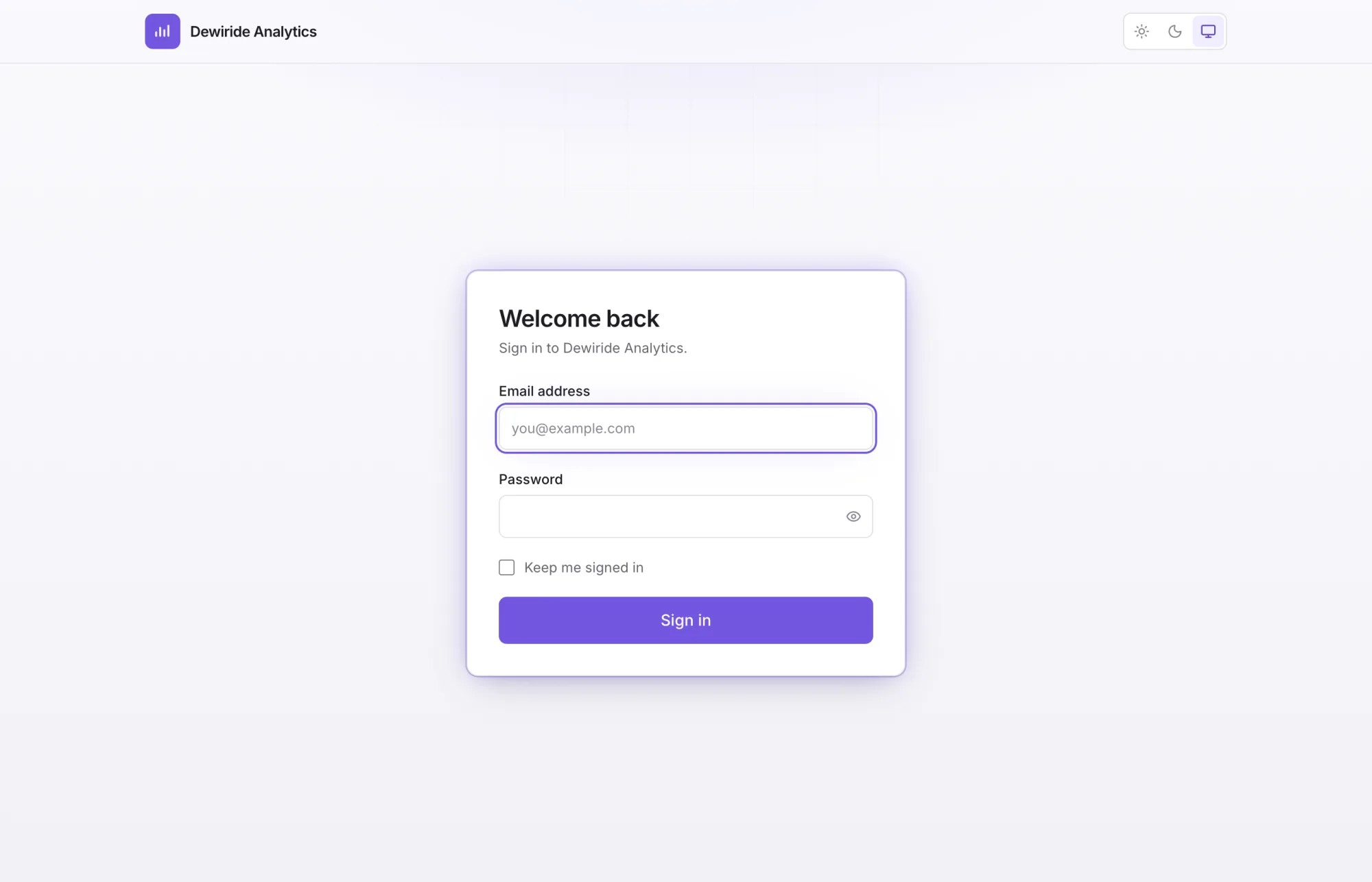 The Dewiride Analytics sign-in page loaded at localhost:3300 through an SSH tunnel, showing the email and password fields