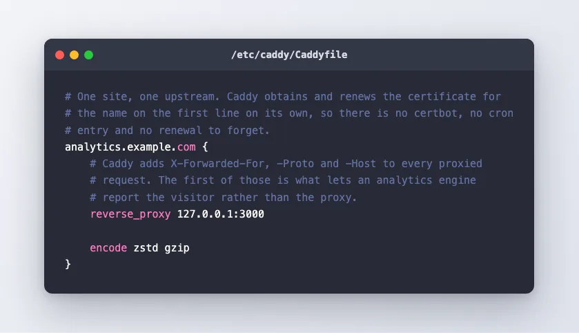 The Caddyfile containing a single site block with a reverse_proxy directive to the loopback dashboard port and compression enabled