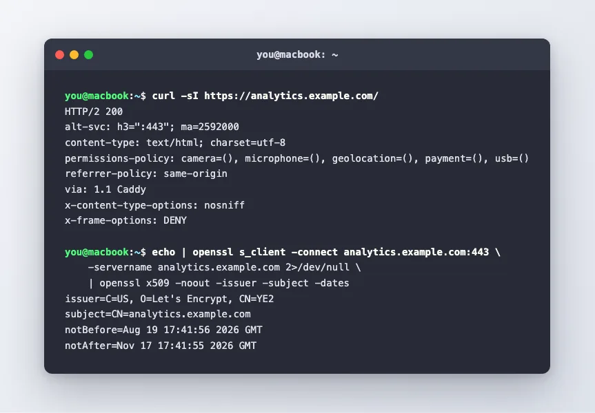 The curl response showing HTTP/2 200 with the via Caddy header and the application's own security headers