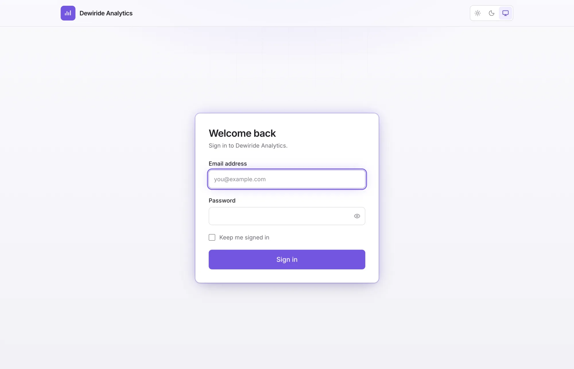 The Dewiride Analytics sign-in page served over HTTPS at the custom domain, with the email and password fields and a keep me signed in option