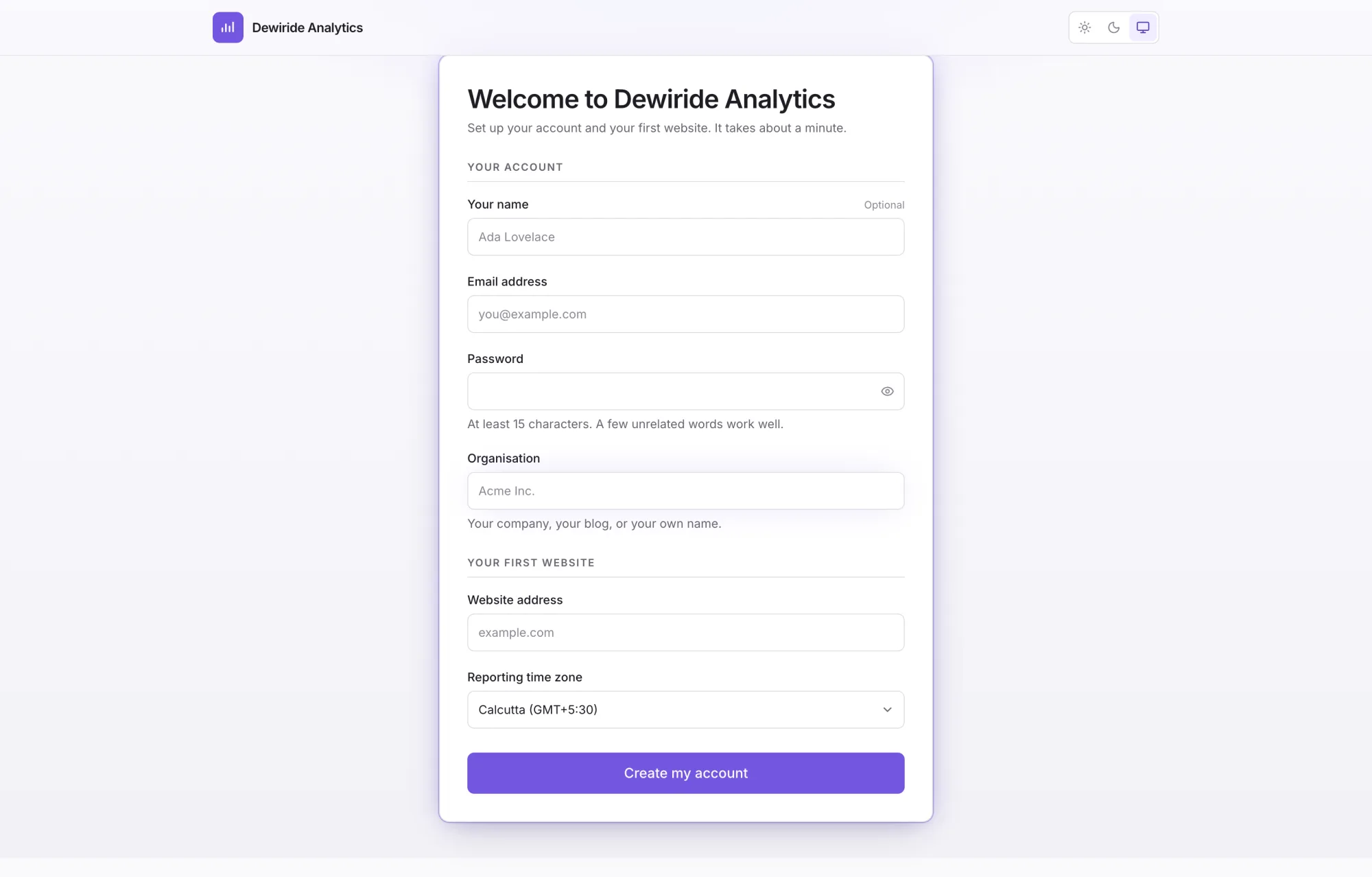The Welcome to Dewiride Analytics setup screen with empty fields for name, email address, password, organisation, website address and reporting time zone
