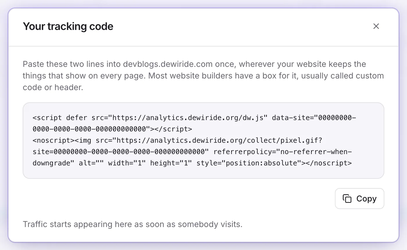The Your tracking code dialog showing the script tag and the noscript image fallback, both carrying the site identifier, with a Copy button