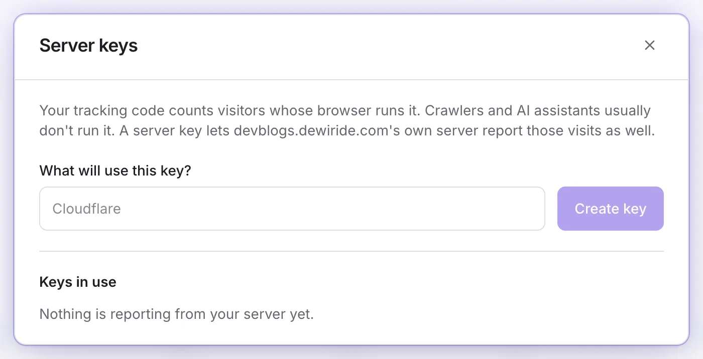 The Server keys dialog explaining that crawlers and AI assistants usually do not run the tracking code, with a field naming what will use the key and a Create key button