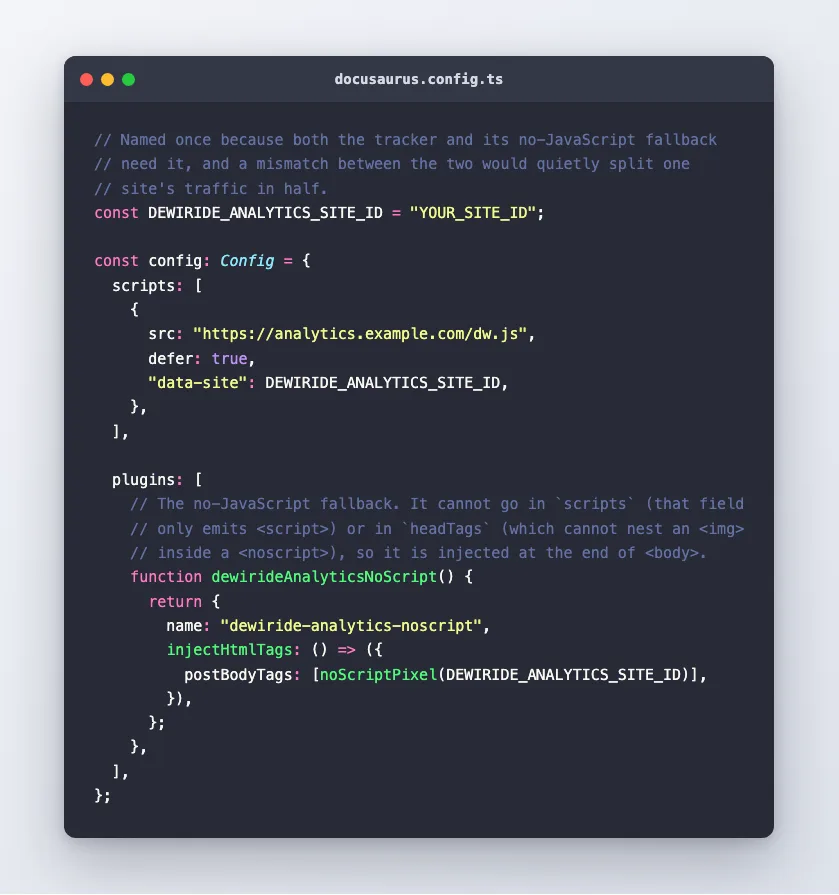 The docusaurus.config.ts change adding the tracker to the scripts array and injecting the noscript pixel through a small inline plugin