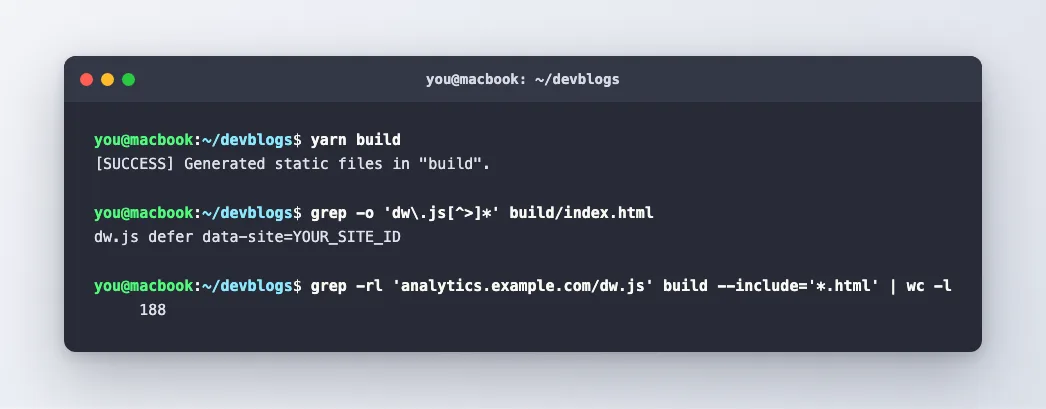 Terminal output confirming the tracker script and the noscript pixel appear in the built HTML across every generated page