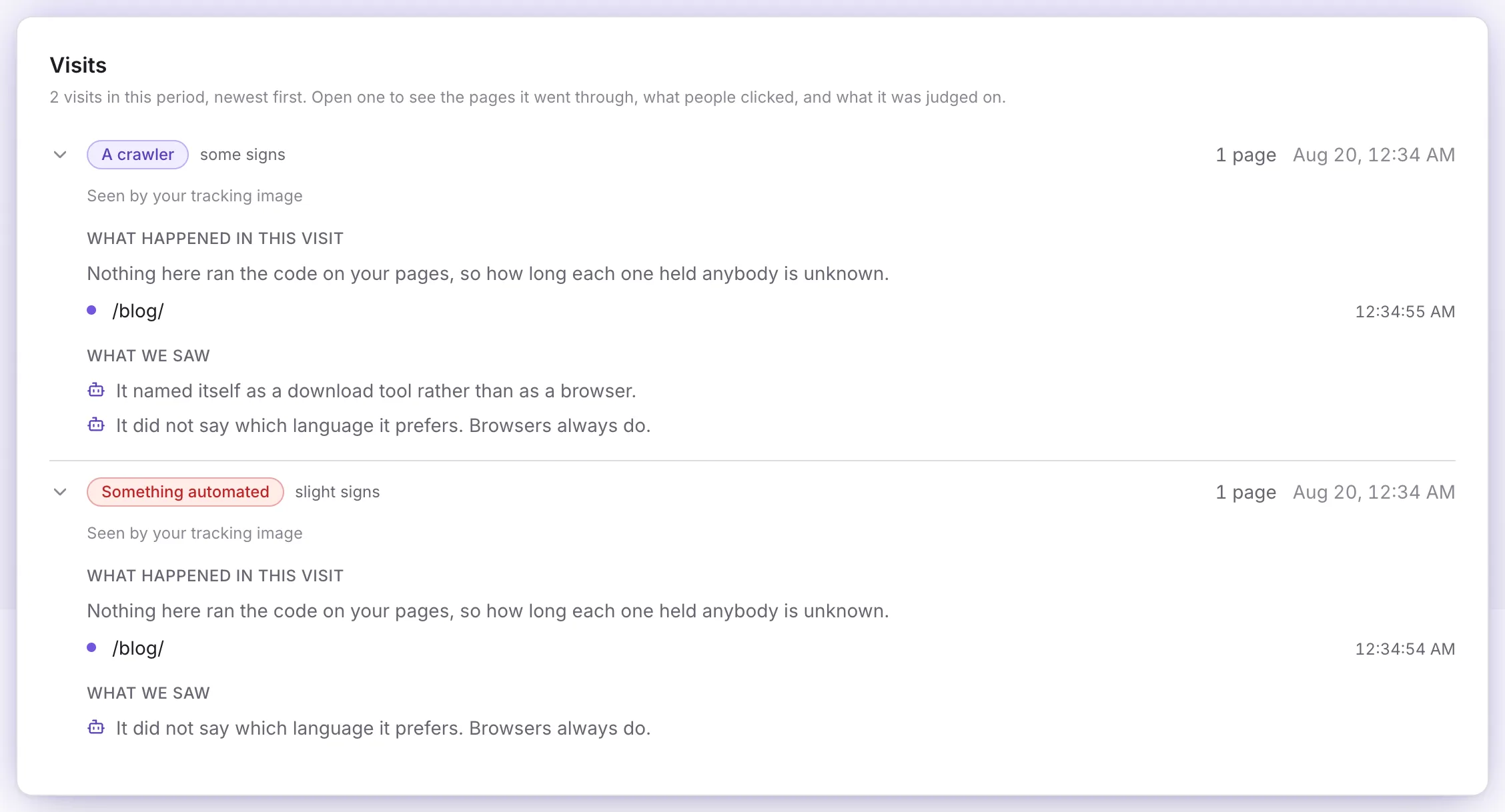 Two judged visits expanded, each listing the page visited and the written observations behind its verdict