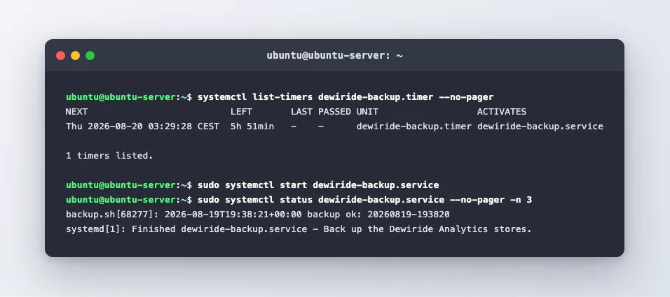 The systemd timer listing showing the next scheduled backup run for the dewiride-backup service