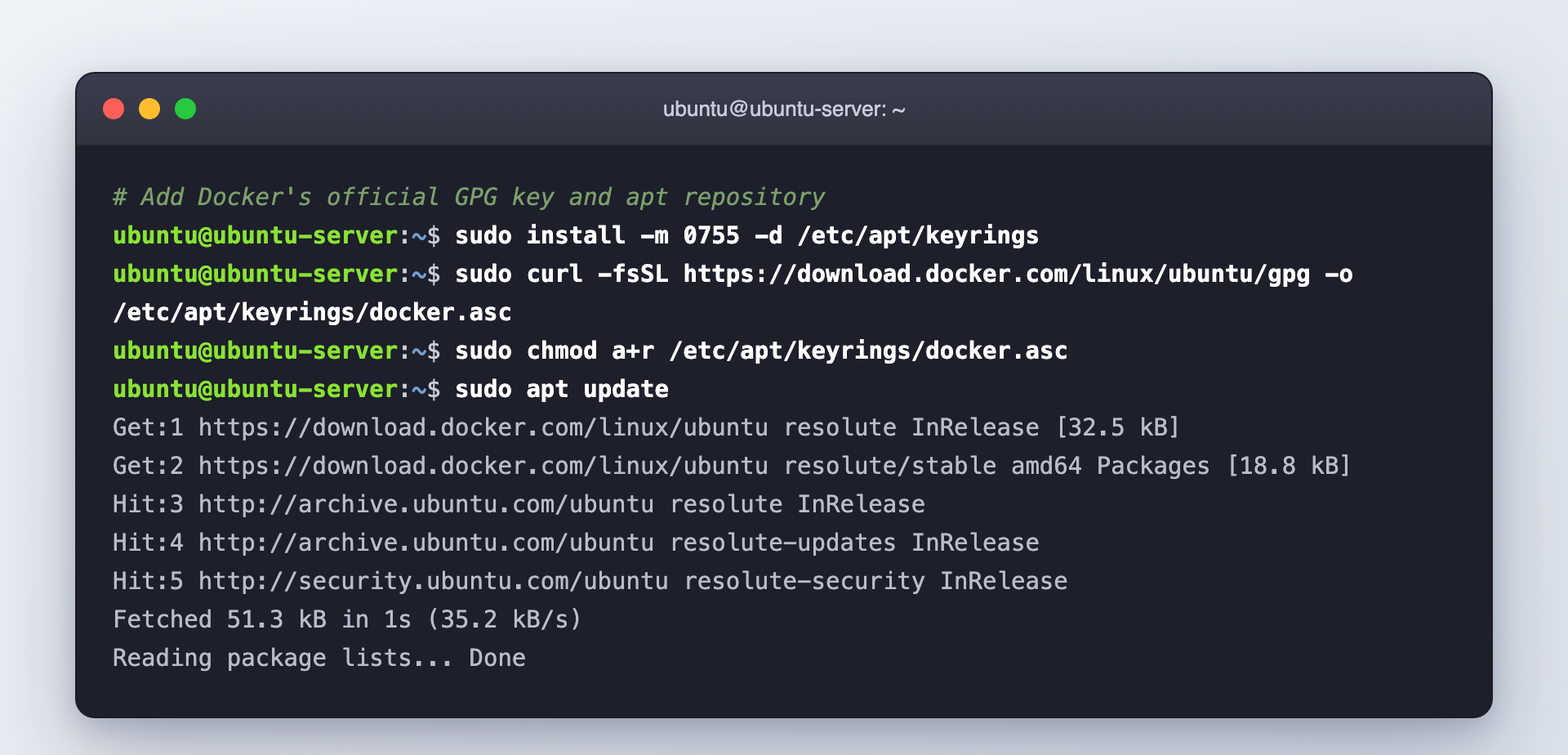 Add Docker's official GPG key and apt repository, then update the package index