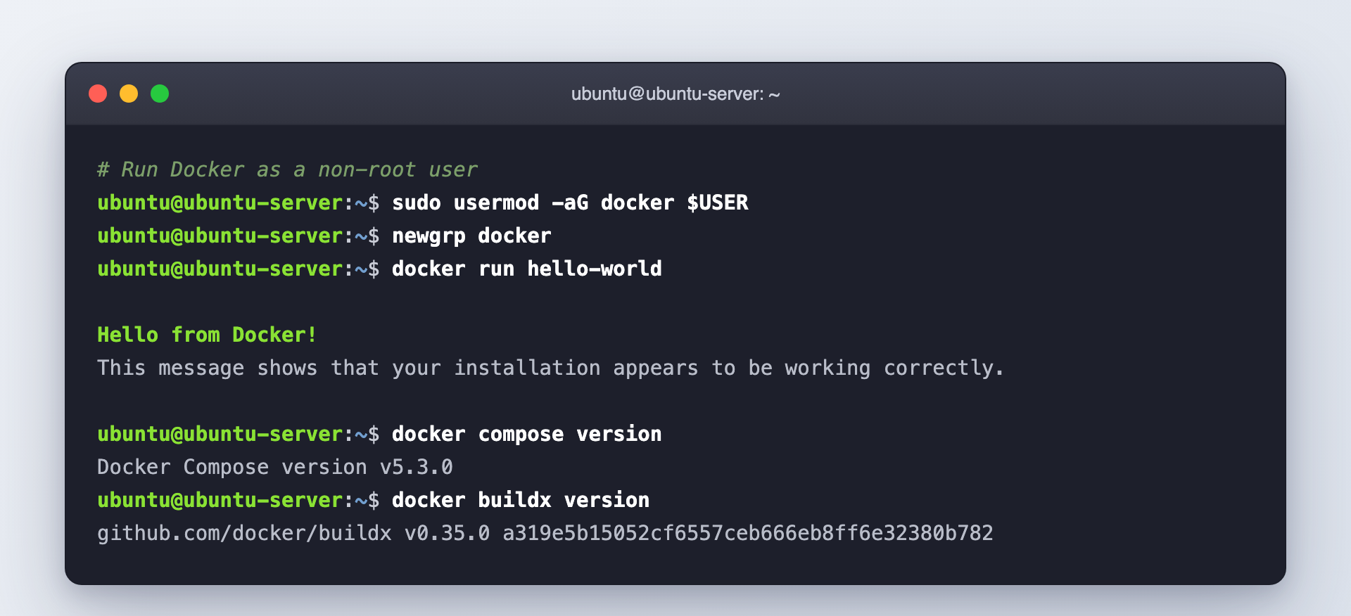 Run Docker as a non-root user and check the Compose and Buildx plugin versions