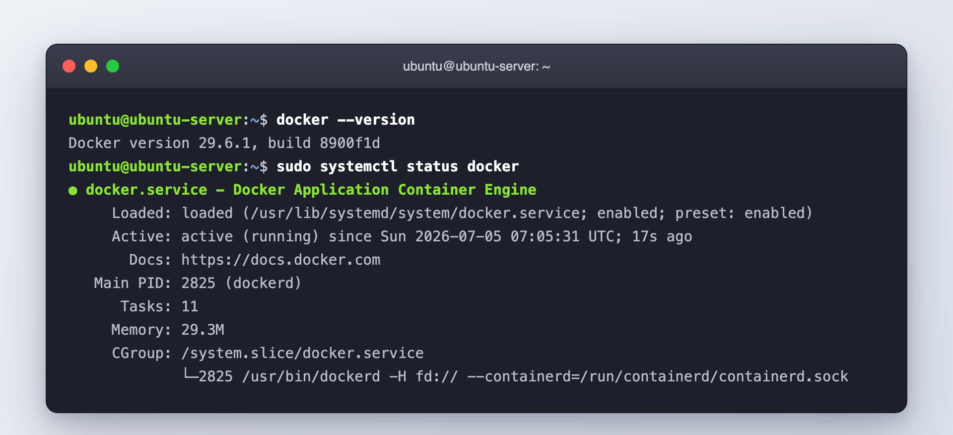 Verify the Docker version and confirm the docker service is active and running