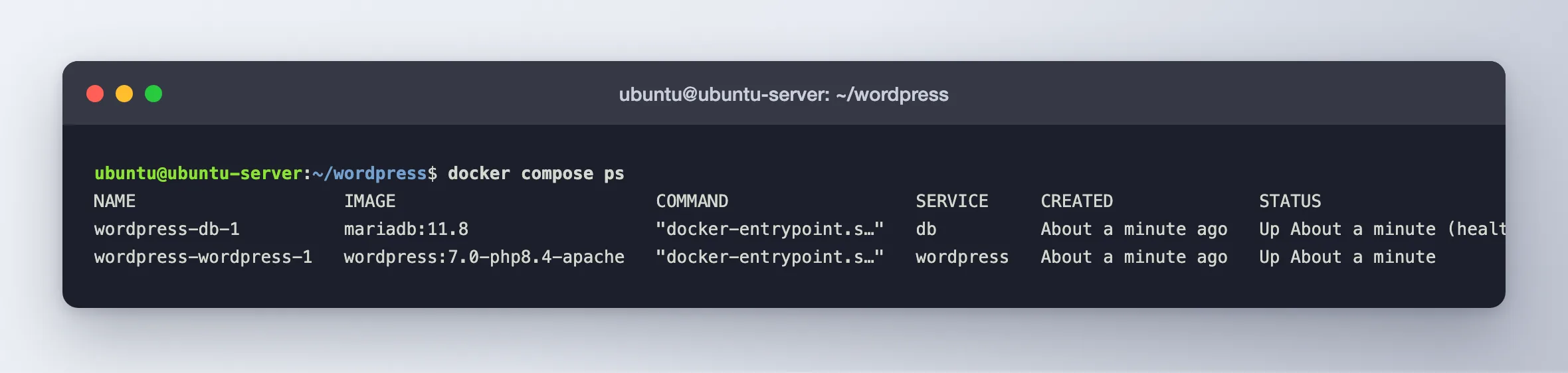 The docker compose ps output listing the db container as healthy and the wordpress container published on port 8080