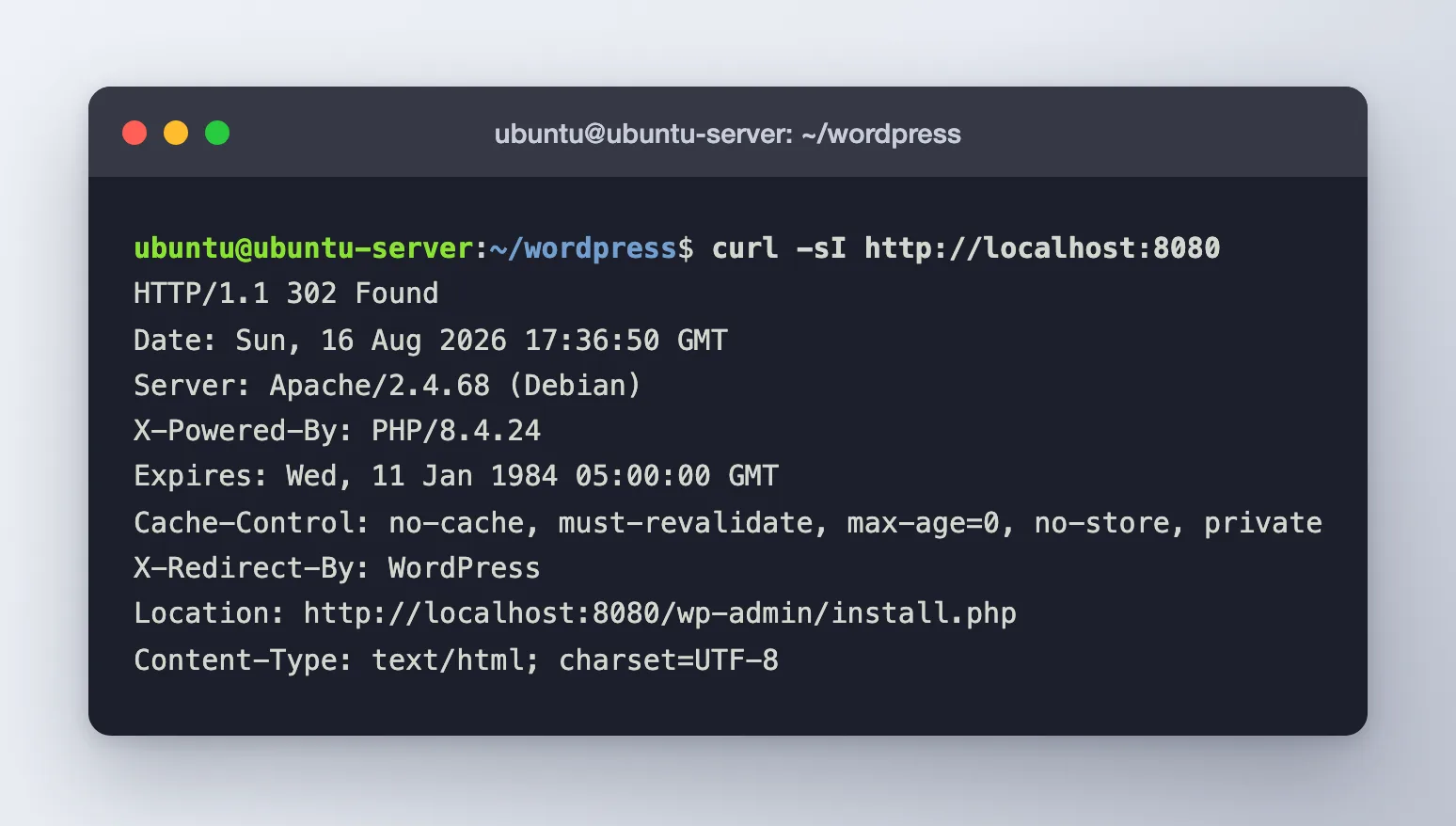 The curl response showing HTTP 302 Found, Apache, PHP 8.4.24 and a redirect to the WordPress installer