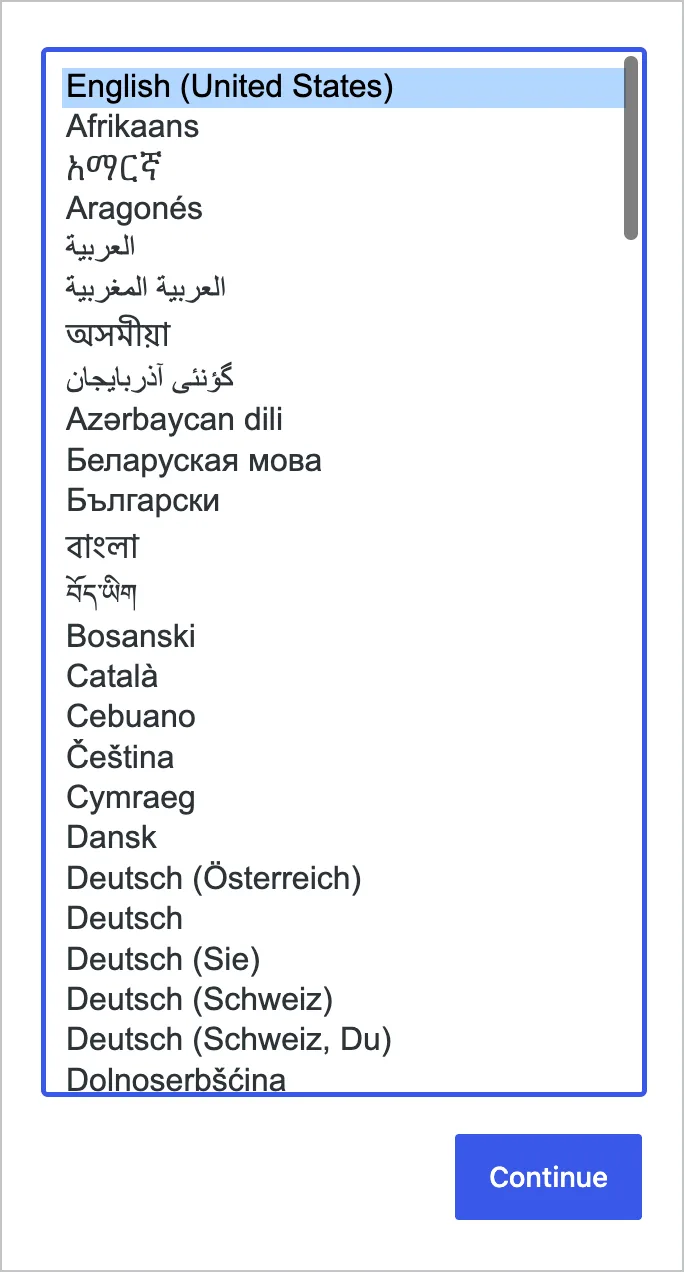 The WordPress installer language selection screen with English (United States) highlighted at the top of the list