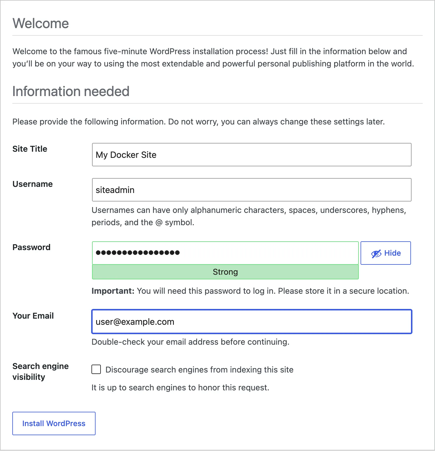 The WordPress information needed form with site title, username, masked password and email address filled in
